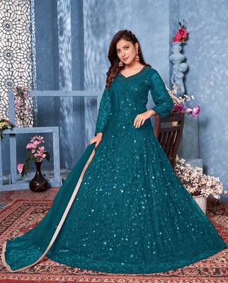 Teal embroidered net salwar 2