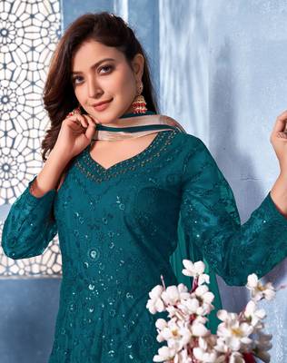 Teal embroidered net salwar 4