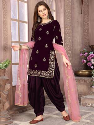 Purple Embroidered Velvet Punjabi Salwar Suit 2
