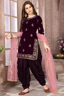 Purple Embroidered Velvet Punjabi Salwar Suit