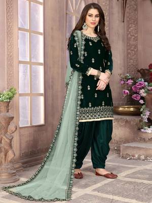 Dark-Green Embroidered Velvet Punjabi Salwar Suit 1