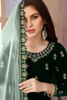 Dark-Green Embroidered Velvet Punjabi Salwar Suit