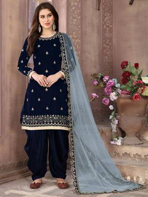 Navy-Blue Embroidered Velvet Punjabi Salwar Suit 1