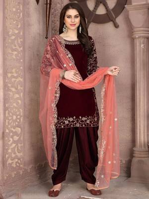 Maroon Embroidered Velvet Punjabi Salwar Suit 1