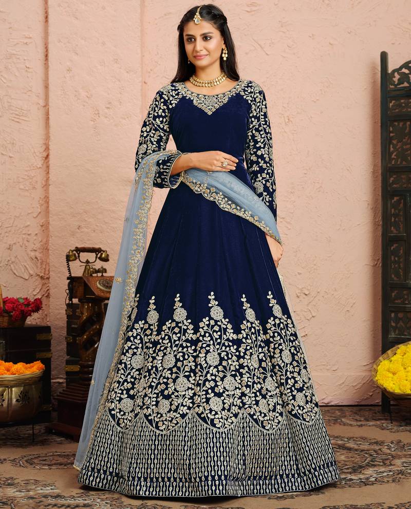Navy-blue embroidered velvet salwar