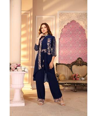 Women's Blue Faux Georgette Stitched Top With Bottom 3/4 Sleeve Embroidered Straight Palazzo Set With Jacket 1