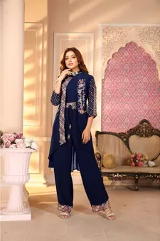 Women's Blue Faux Georgette Stitched Top With Bottom 3/4 Sleeve Embroidered Straight Palazzo Set With Jacket