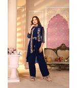 Women's Blue Faux Georgette Stitched Top With Bottom 3/4 Sleeve Embroidered Straight Palazzo Set With Jacket