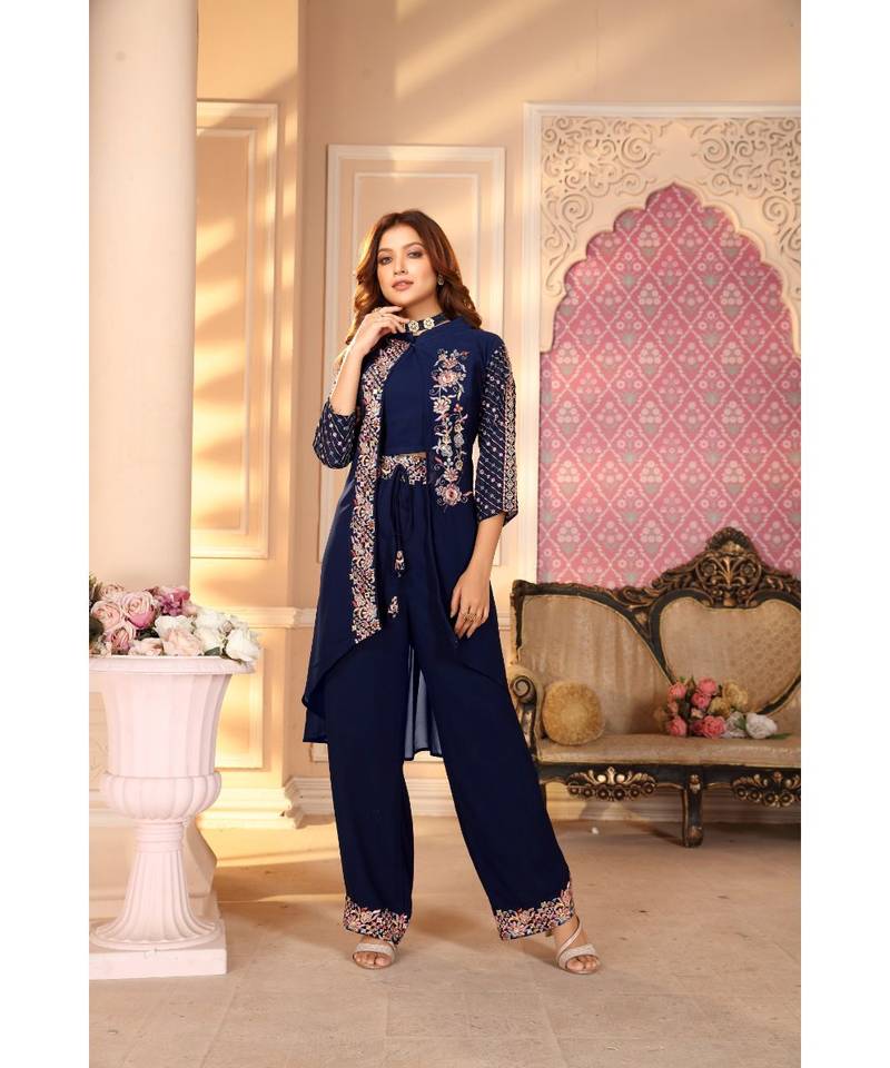 Women's Blue Faux Georgette Stitched Top With Bottom 3/4 Sleeve Embroidered Straight Palazzo Set With Jacket