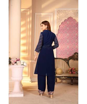 Women's Blue Faux Georgette Stitched Top With Bottom 3/4 Sleeve Embroidered Straight Palazzo Set With Jacket 2