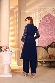 Women's Blue Faux Georgette Stitched Top With Bottom 3/4 Sleeve Embroidered Straight Palazzo Set With Jacket