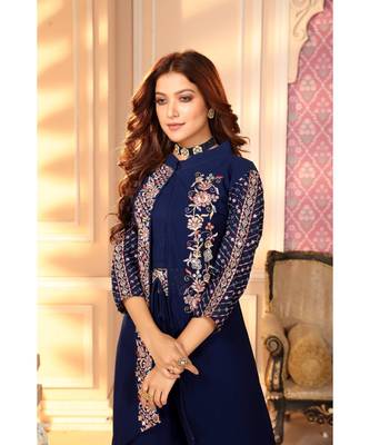 Women's Blue Faux Georgette Stitched Top With Bottom 3/4 Sleeve Embroidered Straight Palazzo Set With Jacket 3