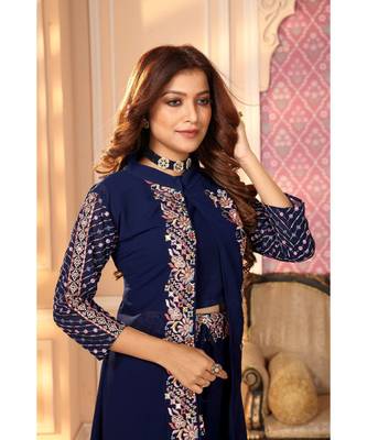 Women's Blue Faux Georgette Stitched Top With Bottom 3/4 Sleeve Embroidered Straight Palazzo Set With Jacket 4