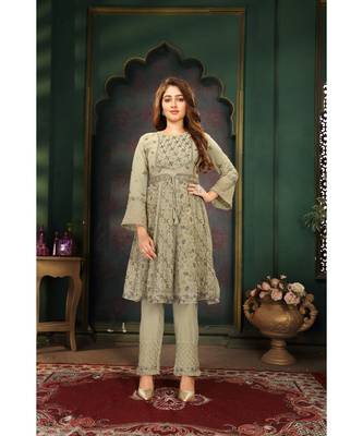 Women's Pista Faux Georgette Stitched Top With Bottom 3/4 Sleeve Embroidered Flared Top (Kurta Pant Set) 1