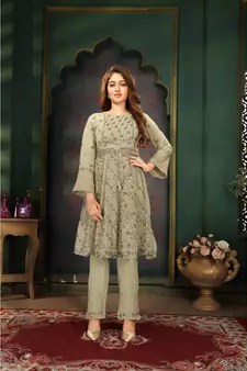 Women's Pista Faux Georgette Stitched Top With Bottom 3/4 Sleeve Embroidered Flared Top (Kurta Pant Set)