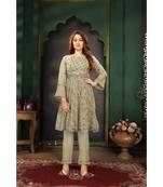 Women's Pista Faux Georgette Stitched Top With Bottom 3/4 Sleeve Embroidered Flared Top (Kurta Pant Set)