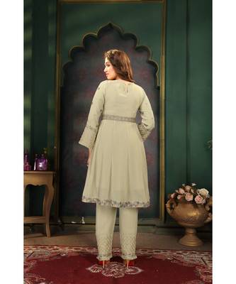 Women's Pista Faux Georgette Stitched Top With Bottom 3/4 Sleeve Embroidered Flared Top (Kurta Pant Set) 2