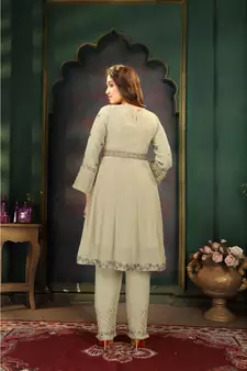 Women's Pista Faux Georgette Stitched Top With Bottom 3/4 Sleeve Embroidered Flared Top (Kurta Pant Set)