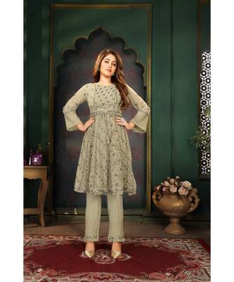 Women's Pista Faux Georgette Stitched Top With Bottom 3/4 Sleeve Embroidered Flared Top (Kurta Pant Set) 4