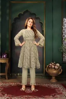 Women's Pista Faux Georgette Stitched Top With Bottom 3/4 Sleeve Embroidered Flared Top (Kurta Pant Set)