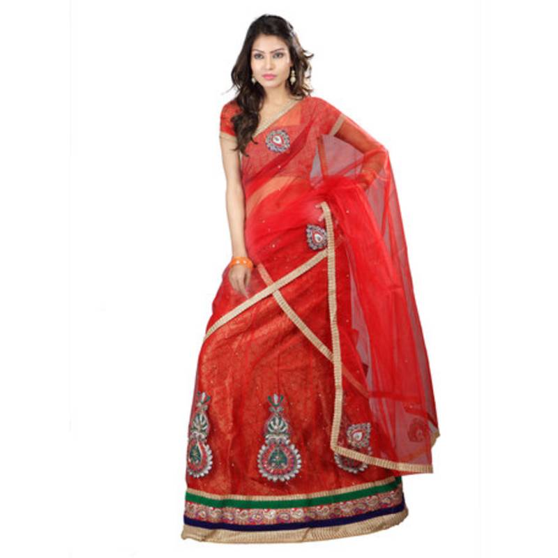 Red Embroidered Net Lehenga Choli - Rent main image 0