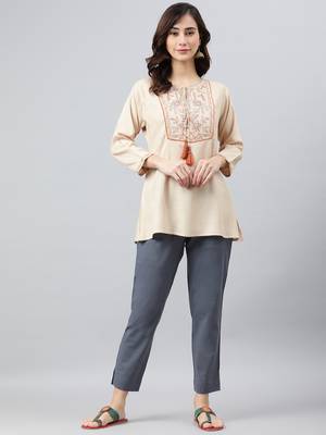 Beige embroidered viscose rayon tunics 1