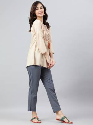 Beige embroidered viscose rayon tunics 3