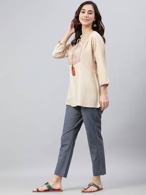 Beige embroidered viscose rayon tunics 4