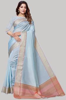Sky Blue Cotton Silk Party Wear Sarees