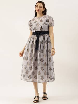 EthnoVogue Made To Measure Lilac Hint Chanderi Silk Puff Sleeve Dress 1