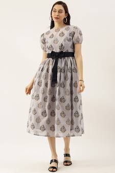EthnoVogue Made To Measure Lilac Hint Chanderi Silk Puff Sleeve Dress