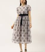 EthnoVogue Made To Measure Lilac Hint Chanderi Silk Puff Sleeve Dress