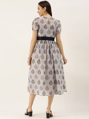 EthnoVogue Made To Measure Lilac Hint Chanderi Silk Puff Sleeve Dress 2