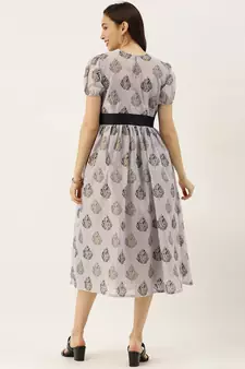 EthnoVogue Made To Measure Lilac Hint Chanderi Silk Puff Sleeve Dress
