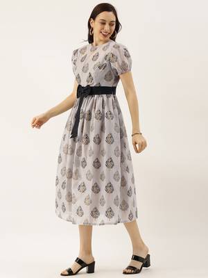 EthnoVogue Made To Measure Lilac Hint Chanderi Silk Puff Sleeve Dress 3