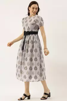 EthnoVogue Made To Measure Lilac Hint Chanderi Silk Puff Sleeve Dress