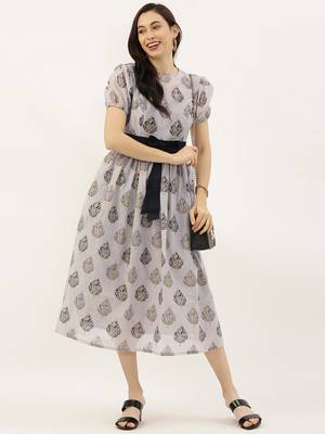 EthnoVogue Made To Measure Lilac Hint Chanderi Silk Puff Sleeve Dress 4