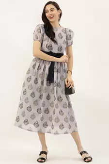 EthnoVogue Made To Measure Lilac Hint Chanderi Silk Puff Sleeve Dress