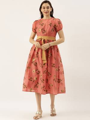 EthnoVogue Made To Measure Pink Chanderi Silk Puff Sleeve Dress 1