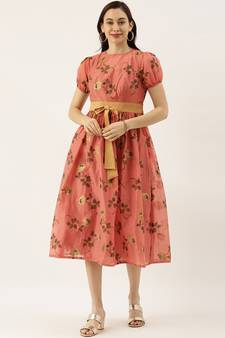 EthnoVogue Made To Measure Pink Chanderi Silk Puff Sleeve Dress