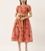 EthnoVogue Made To Measure Pink Chanderi Silk Puff Sleeve Dress