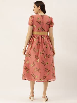 EthnoVogue Made To Measure Pink Chanderi Silk Puff Sleeve Dress 2