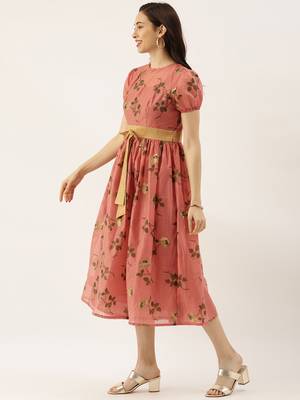 EthnoVogue Made To Measure Pink Chanderi Silk Puff Sleeve Dress 3