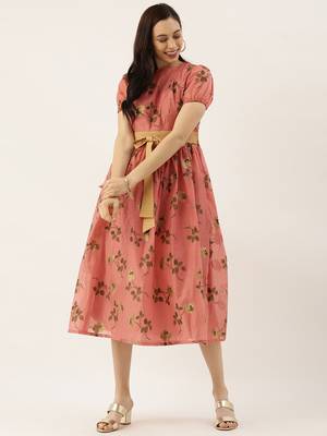 EthnoVogue Made To Measure Pink Chanderi Silk Puff Sleeve Dress 4
