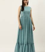 EthnoVogue Made To Measure Blue N White Digital Printed Georgette Tiered Dress