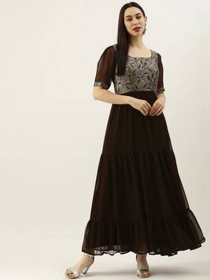EthnoVogue Made To Measure Grey Modal N Brown Geogette Gathers Dress 1