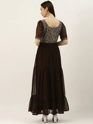 EthnoVogue Made To Measure Grey Modal N Brown Geogette Gathers Dress 2