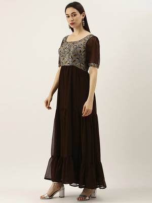 EthnoVogue Made To Measure Grey Modal N Brown Geogette Gathers Dress 3