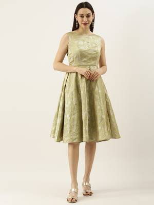 EthnoVogue Made To Measure Green Brocade Boat Neck Flared Dress 1