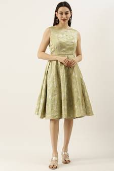EthnoVogue Made To Measure Green Brocade Boat Neck Flared Dress